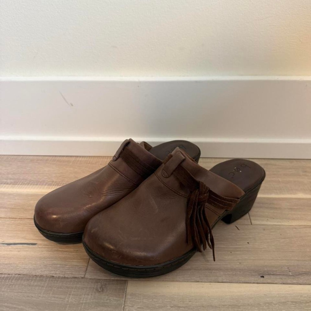 Boc Brown leather clogs with fringe detail Sz 8  #clogs #leather